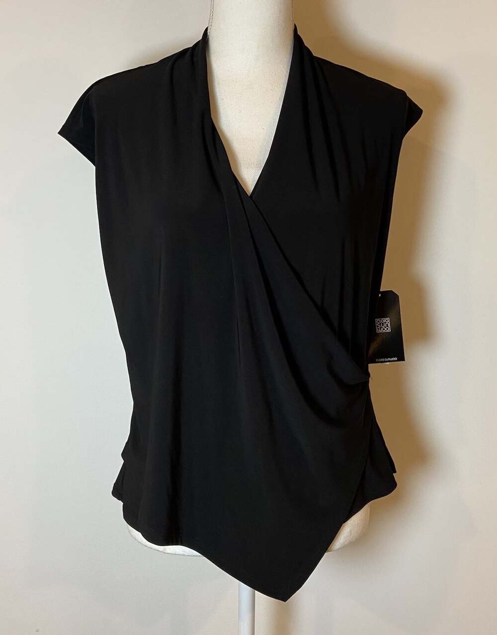 NWT Clara Sun Woo Shirt Blouse Faux Wrap Stretch Black Medium M New
